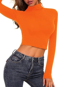Close-up of orange long sleeve mock neck crop top with fitted silhouette and high-quality fabric