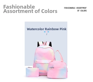 Detailed view of the three-piece set including a gradient ink rainbow pink backpack and lunch bag
