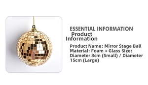 Detail of golden mirror disco balls showing foam core and glass surface in 8cm and 15cm sizes