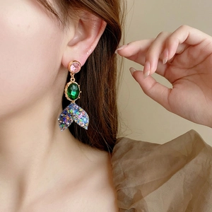 Vintage style fishtail earrings with pink and green crystals and colorful glitter