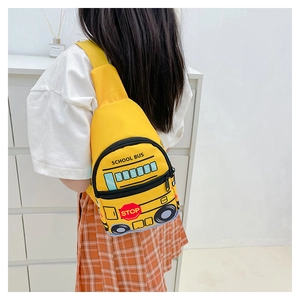 Detailed view of kids school bus chest bag with double zippers and adjustable strap