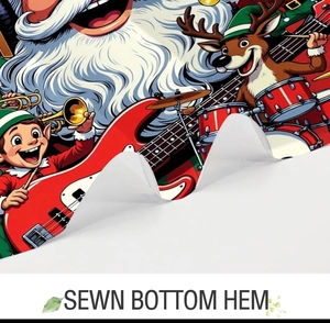 Detail view of the high-quality sewn bottom hem on the festive 3D Christmas shower curtain