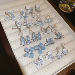 Butterfly Flower Artificial Pearl Stud Earrings With 925 Sterling Silver Earring Post Blue Gradient Crystal Vintage Elegant For Women