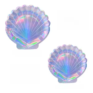 Detailed view of iridescent shell-shaped paper plates in 7-inch and 9-inch sizes