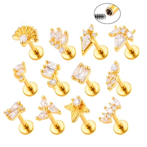Titanium Internally Threaded Lip Ring Stud Copper Cubic Zirconia Labret Cartilage Piercing Jewelry Geometric Shell Leaf