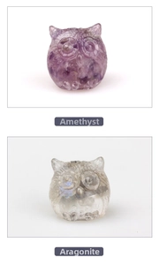 Detailed comparison of owl figurines made of natural amethyst and labradorite stones