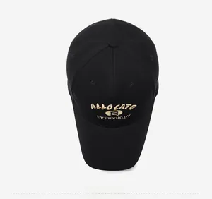 Detailed top view of a black baseball cap featuring golden letter B embroidery and fabric texture