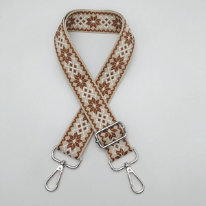 Macro detail of 3.8cm canvas bag strap featuring jacquard snowflake pattern and silver hardware
