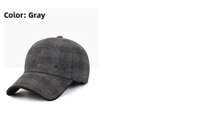 Detailed view of grey wool baseball cap with fine texture and metal emblem detail