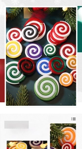 Close-up of colorful swirl lollipop ornaments in various festive peppermint patterns