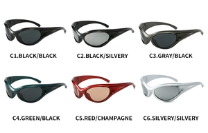 Detailed grid display of Y2K sports sunglasses in six different frame and lens colors