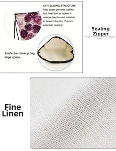 Detail of floral linen makeup bag showing the anti-sliding alloy zipper and inner lining