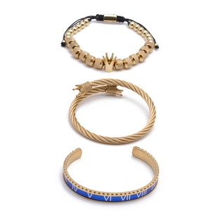 Titanium steel Roman numeral bracelet set with gold crown open bangle and beaded chain