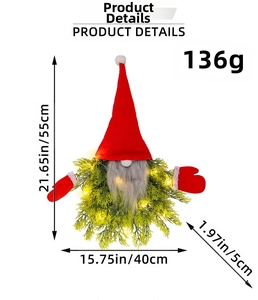 Detail view of illuminated Christmas gnome wreath showing 55cm height and 136g weight specs