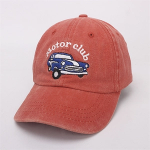 Detail of vintage car embroidery and Motor club text on washed cotton baseball cap