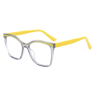 Fashionable square TR90 blue light blocking glasses in transparent grey and yellow colors