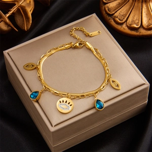 Double Layer Stainless Steel Bracelet Gold Plated Evil Eye Blue Teardrop Rhinestone Pendants Retro Jewelry For Women