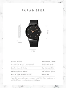 Detailed size specification chart for minimalist quartz watch with metal mesh band