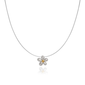 Minimalist daisy pendant necklace in silver and gold stainless steel on white background