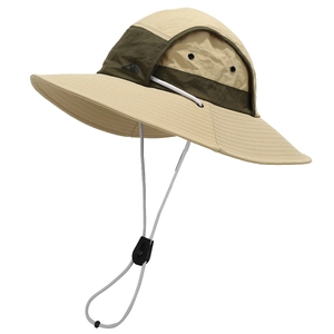Foldable khaki and olive green outdoor sun hat with wide brim and adjustable chin strap