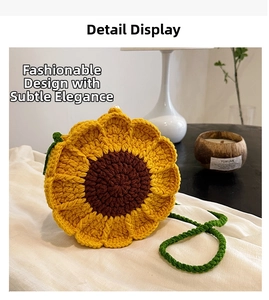 Detail of handcrafted sunflower crochet bag with yellow petals and green strap
