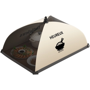 Foldable beige mesh food cover with elegant black print for dining table protection