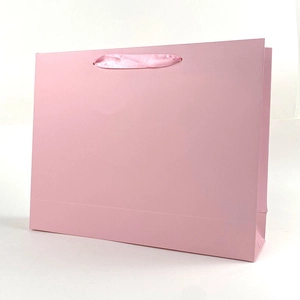 Minimalist pink paper gift bag with silk ribbon handles for clothing packaging