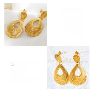 Detail of 18K gold-plated titanium steel earrings with threaded fan-shaped cutout design