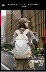 Street view of a person wearing a beige and grey nylon backpack for daily travel