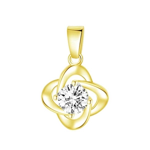 Detailed view of a gold clover pendant with a brilliant-cut round center gemstone