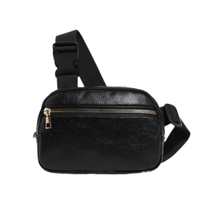 Chic black litchi pattern waist bag with adjustable strap and golden zippers
