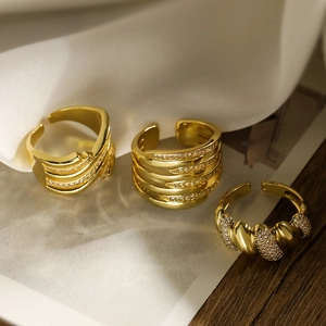 Open Adjustable Ring Copper Cubic Zirconia Gold Plated Multi Layer Wavy Geometric Hip Hop Jewelry For Women