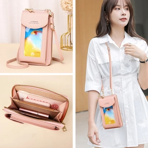 Pink multi-functional crossbody phone bag for women with touchscreen window and card slots