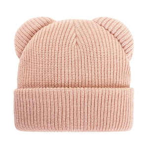 Close-up of baby pink knit beanie featuring cute 3D bear ears and ribbed texture