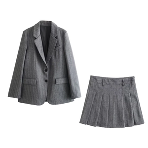 Women Pinstripe Blazer And Pleated Skirt Elegant French Office Academy Style Wool Blend Texture Grey