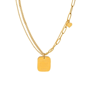Gold-plated layered necklace with heart pendant and engraved handcrafted custom rectangle tag