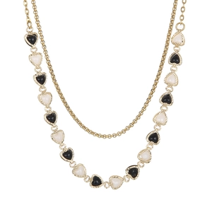 Minimalist double layer necklace with gold chain and black white heart pendants
