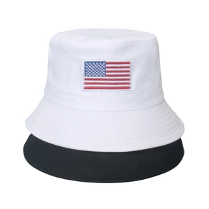 Black and white cotton bucket hats with American flag embroidery shown in a stacked view