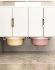 Under-cabinet washbasin storage rack showing space-saving multi-layer organization