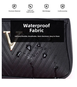 Black waterproof shoulder bag with gold V logo and quilted design, detail view showing texture.
