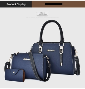 Three-piece dark blue lychee pattern leather handbag set with gold logo detail