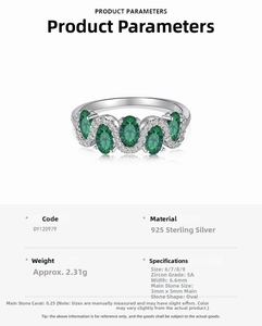 Detailed specs of S925 silver ring with five oval green zircons on white background