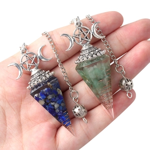 Three-phase moon resin crystal pendants with blue and green stones on silver chains