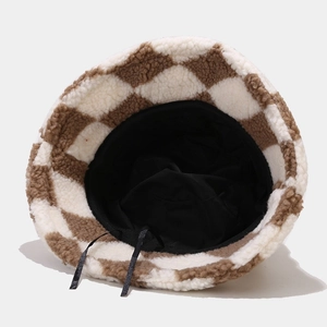 Chapeau bob épais et chaud en laine d'agneau avec motif à damier marron et blanc