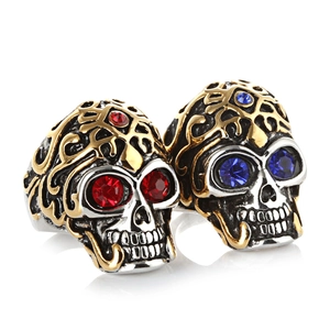 Gothic skull rings in vintage silver and gold finish with red and blue zircon eyes