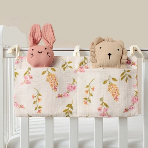 Organisateur de lit bébé en mousseline de coton à motif floral avec double poches