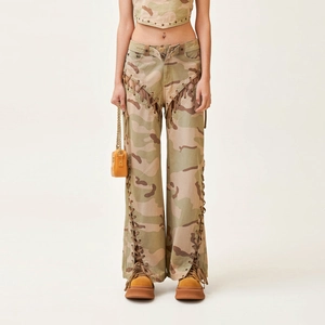 Women Cotton Camouflage Wide Leg Jeans High Waist Lace Up Cutout Cargo Pants Streetwear Casual