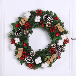 Christmas Wreath Artificial Pine Needle Pine Cone Red Berry Cotton Linen Bow Rustic Festive Home Wall Door Decor