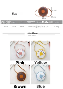 Size chart and color options for the cute mini donut crossbody bag in PU material