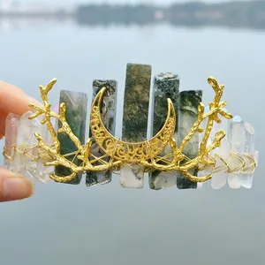 Bohemian crown with natural crystals and golden moon branch design for women